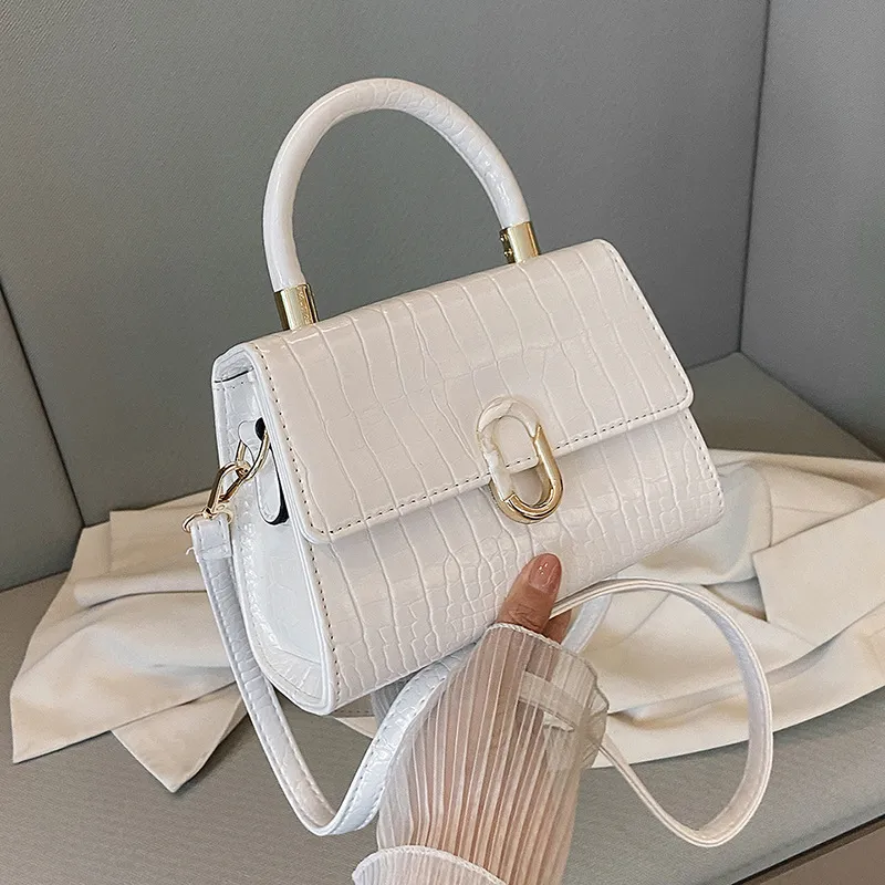 Women Fashion Solid Color Square Crocodile Pattern Flap Handle Shoulder Bag