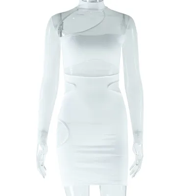 Women Fashion Sexy Solid Color Hollow Mesh Long Sleeve Tight Dress