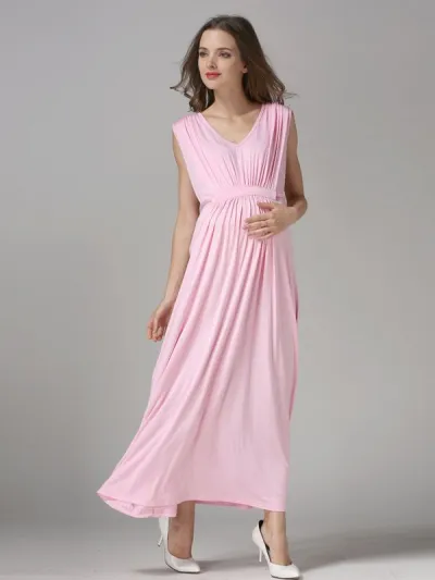 Maternity Nursing Dress V-Neck Sleeveless Solid Color Modal