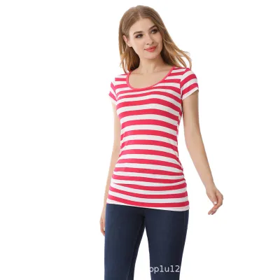 Pregnant Women Fashion Stripe Printed Round Neck Short Sleeve T-Shirt
