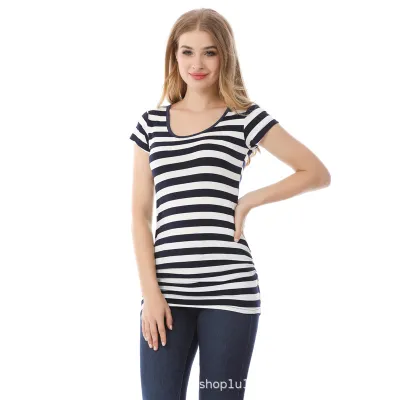 Pregnant Women Fashion Stripe Printed Round Neck Short Sleeve T-Shirt