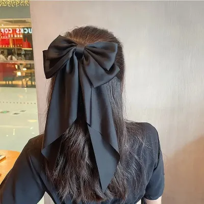 Women Simple Solid Color Satin Bow Spring Clip
