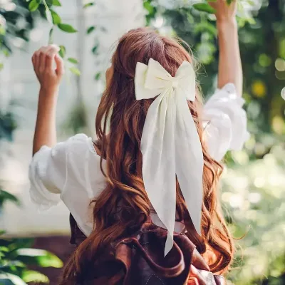 Women Simple Solid Color Satin Bow Spring Clip