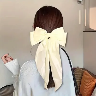 Women Simple Solid Color Satin Bow Spring Clip