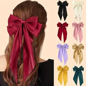 Women Simple Solid Color Satin Bow Spring Clip