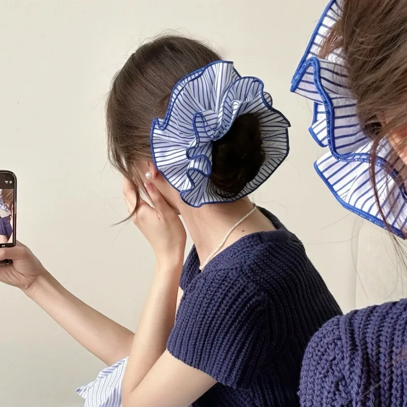 Women Simple Fabric Stripe Blue Large Intestine Hair Ring