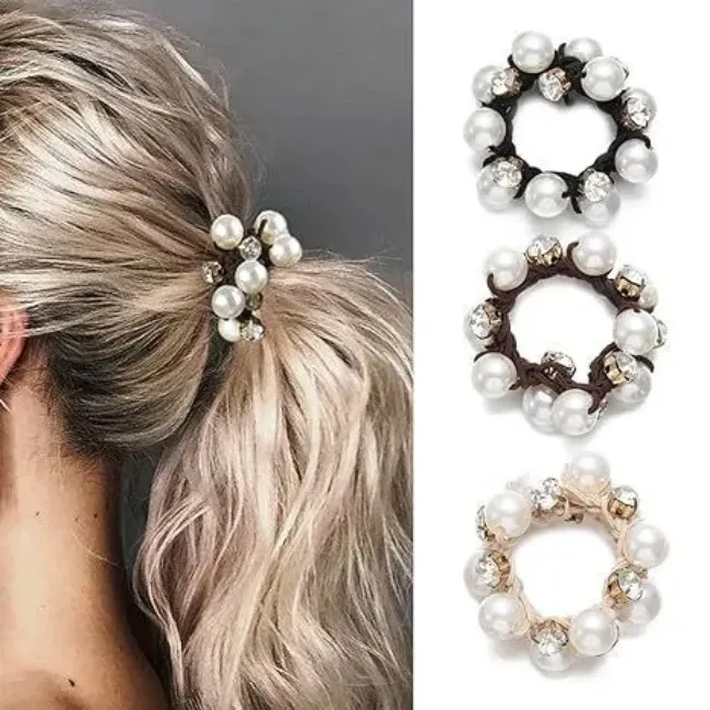 Women's Fashion Pearl Rhinestone Horsetail Hair Rope