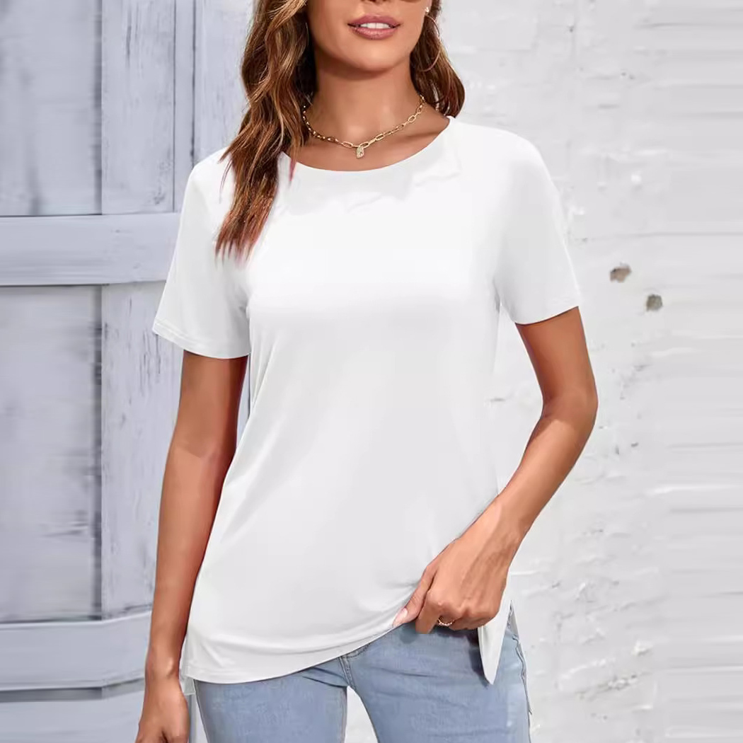 Wholesale Women Simple Solid Color Round Neck Short Sleeve