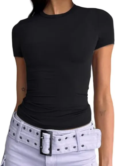 Women Slim Fit Milk Fiber Street Hipster Solid Color Crewneck Short Sleeve T-Shirt