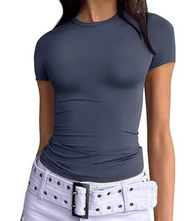 Women Slim Fit Milk Fiber Street Hipster Solid Color Crewneck Short Sleeve T-Shirt