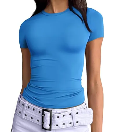 Women Slim Fit Milk Fiber Street Hipster Solid Color Crewneck Short Sleeve T-Shirt