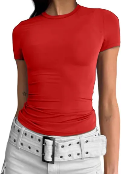 Women Slim Fit Milk Fiber Street Hipster Solid Color Crewneck Short Sleeve T-Shirt