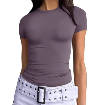 Women Slim Fit Milk Fiber Street Hipster Solid Color Crewneck Short Sleeve T-Shirt