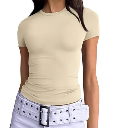 Women Slim Fit Milk Fiber Street Hipster Solid Color Crewneck Short Sleeve T-Shirt