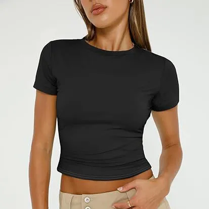 Women Slim Fit Milk Fiber Street Hipster Solid Color Crewneck Short Sleeve T-Shirt