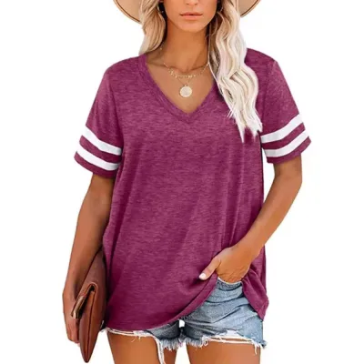 Summer Women Simple Stripe V-Neck Short Sleeve T-Shirt