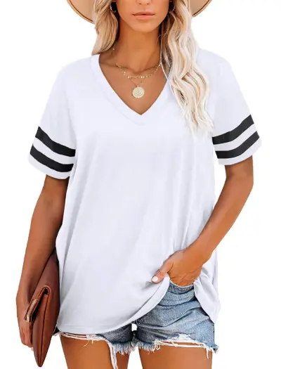 Summer Women Simple Stripe V-Neck Short Sleeve T-Shirt