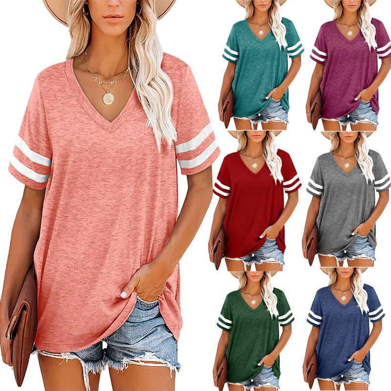 Summer Women Simple Stripe V-Neck Short Sleeve T-Shirt