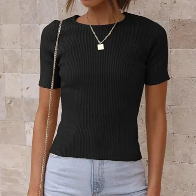 Summer Women Simple Round Neck Short Sleeve Knitted Top