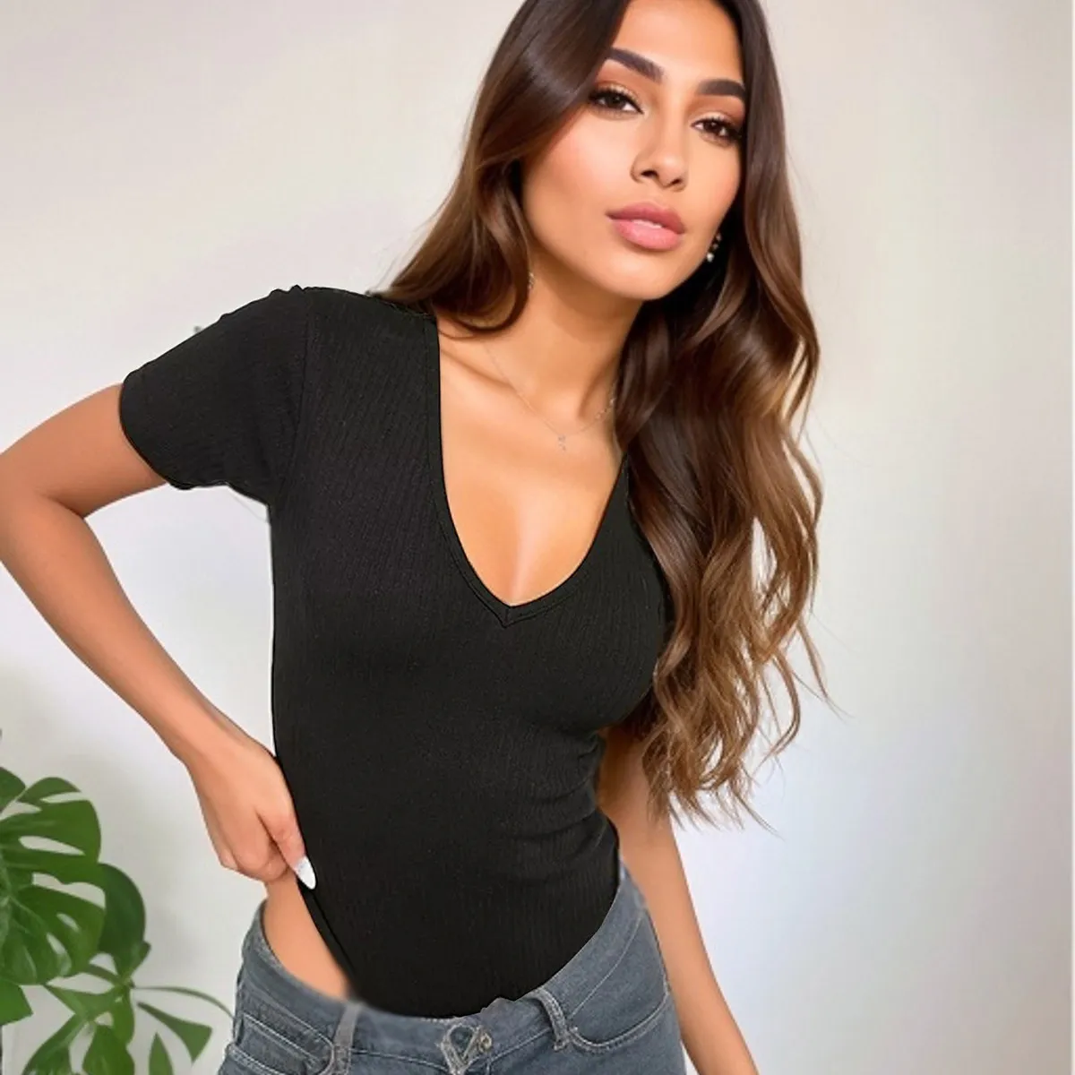 Summer Women Sexy Slim Pit V-Neck Short Sleeve Bodysuits