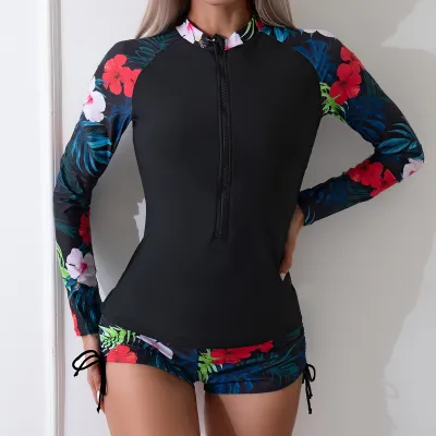 Women Conservative Floral Print Long Sleeve Zipper Tankini Swimwear Set Surfing Suit