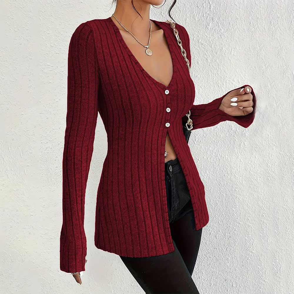 Sexy V-Neck Slim Fit Women's Long Sleeve Knitwear Top for Autumn Winter