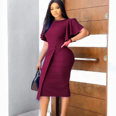 Plus Size Women Fashion Ol African Ruffled Sleeve Tight One-Step Dress