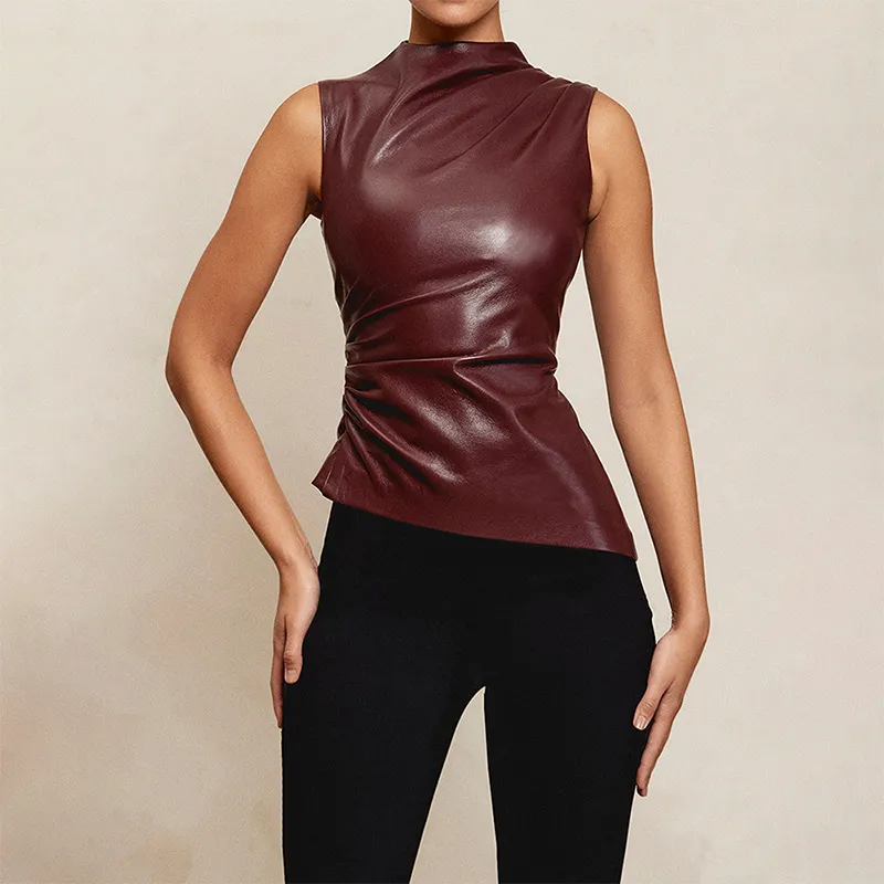 Women Fashion Solid Color Pu Leather Stacked Collar Sleeveless Top