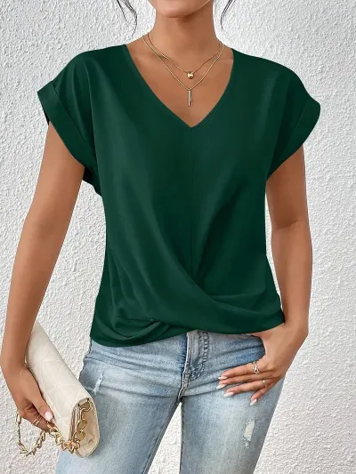 Women Slim Fit V-Neck Short Sleeve Blouse - Solid Color Polyester Commuter Style