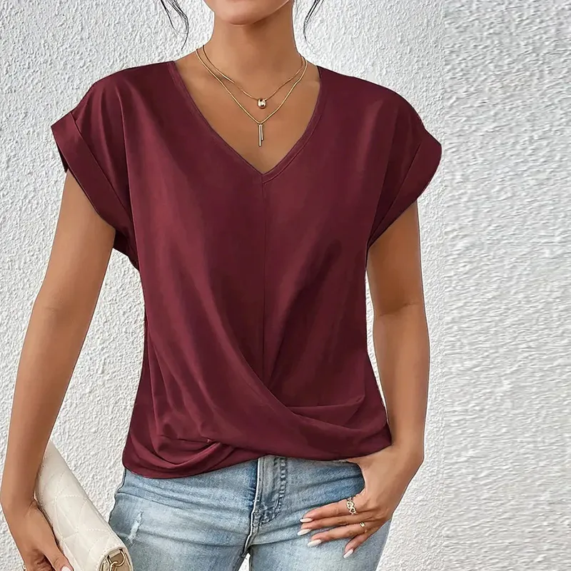 Women Slim Fit V-Neck Short Sleeve Blouse - Solid Color Polyester Commuter Style