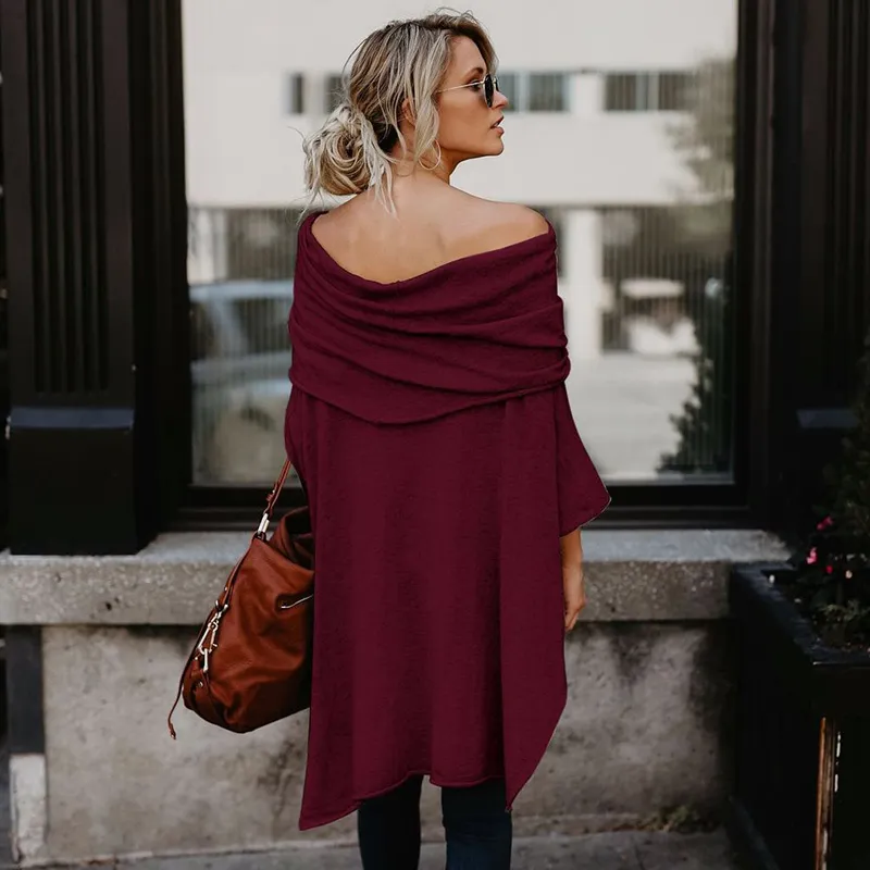 Women Off-Shoulder Blouse Solid Color Autumn Winter Pullover Top