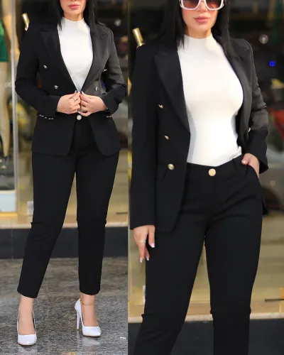 Women Office Chic Solid Color Slim-Fit Casual Fashion Tight Waist Double-Breasted Blazer Pants Two-Piece Set