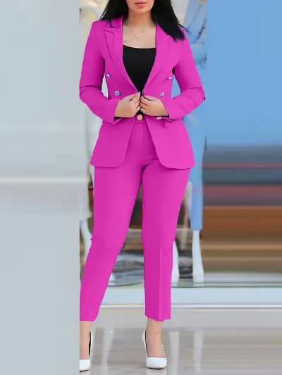 Women Office Chic Solid Color Slim-Fit Casual Fashion Tight Waist Double-Breasted Blazer Pants Two-Piece Set