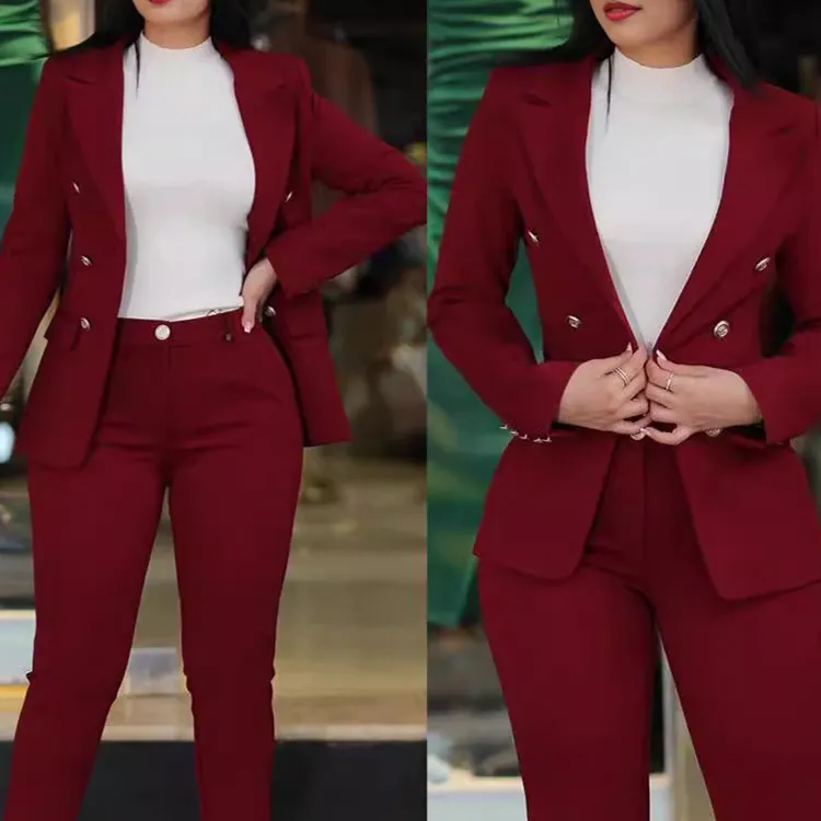 Women Office Chic Solid Color Slim-Fit Casual Fashion Tight Waist Double-Breasted Blazer Pants Two-Piece Set