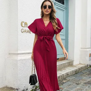 Women Elegant Casual Ruffled Short Sleeve Pleated Chiffon Maxi Dress
