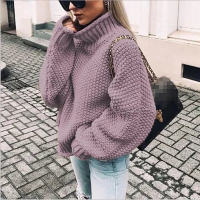 Autumn Winter Women Solid Color Turtleneck Knitted Pullover Sweater