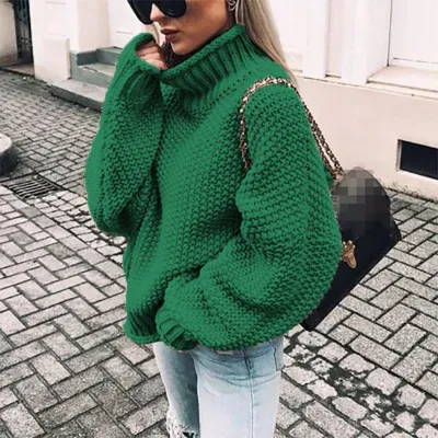 Autumn Winter Women Solid Color Turtleneck Knitted Pullover Sweater