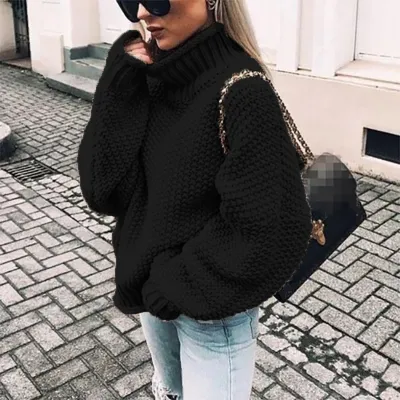 Autumn Winter Women Solid Color Turtleneck Knitted Pullover Sweater