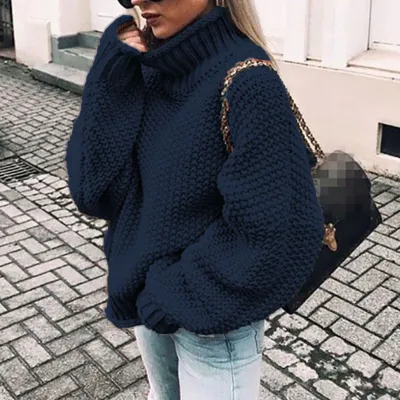 Autumn Winter Women Solid Color Turtleneck Knitted Pullover Sweater