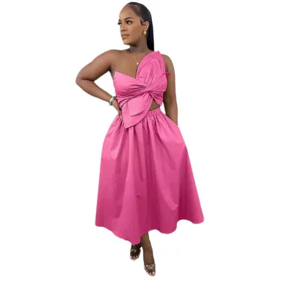 Women Sexy Solid Color One Shoulder Petal Hollow Dress