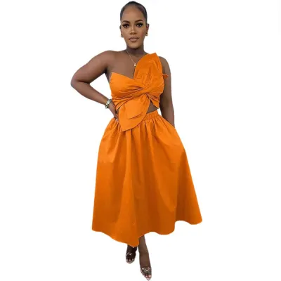 Women Sexy Solid Color One Shoulder Petal Hollow Dress