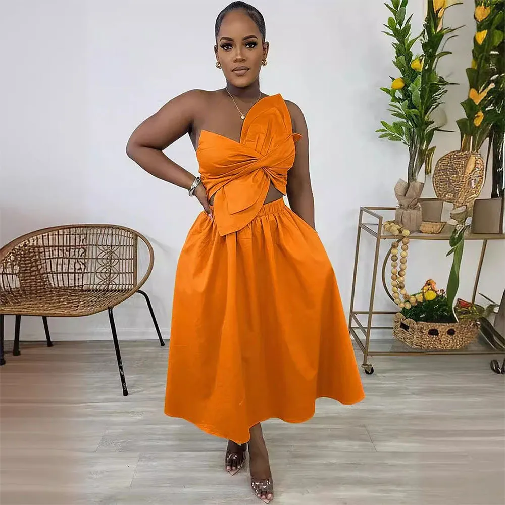 Women Sexy Solid Color One Shoulder Petal Hollow Dress