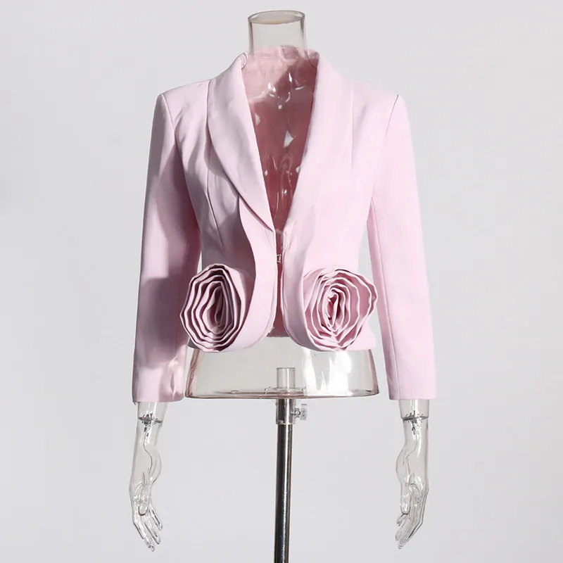 Women Elegant Pink Three-Dimensional Rose Blazer Jacket