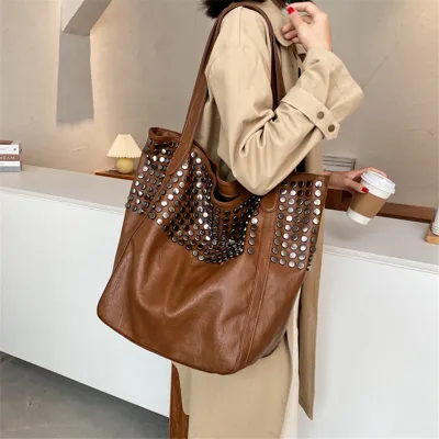 Women Fashionable Large Capacity Studded Tote Shoulder Bag with Zipper