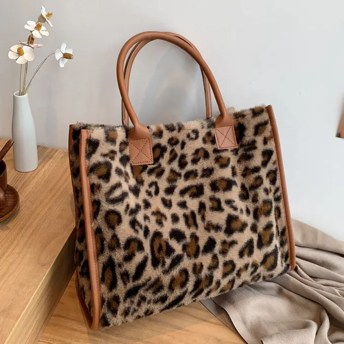 Autumn Winter Women Fashionable Leopard Print Large Capacity Square Tote Bag