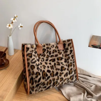 Autumn Winter Women Fashionable Leopard Print Large Capacity Square Tote Bag