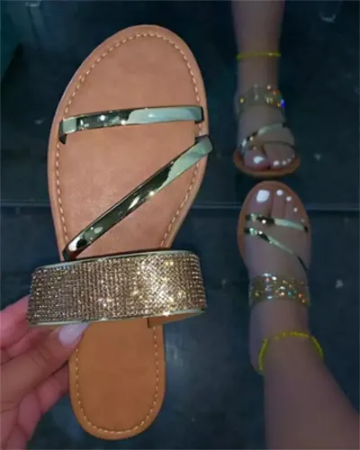 Summer Women Fashionable Rhinestone Round Toe Flat Slippers Plus Size