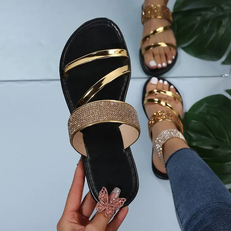Summer Women Fashionable Rhinestone Round Toe Flat Slippers Plus Size