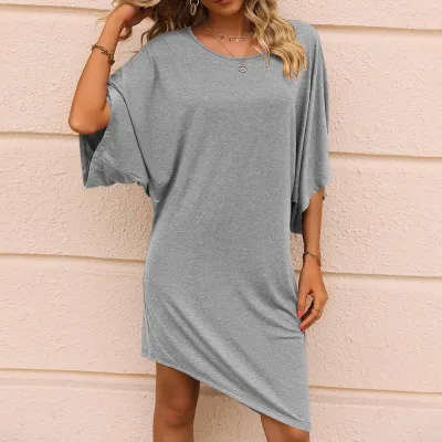 Women Casual Solid Color Round Neck Irregular Hem Dress