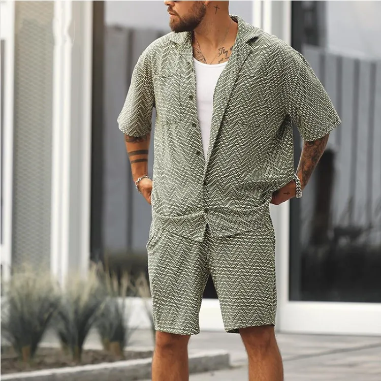 Men Fashion Casual Stripe Short Sleeve Lapel Shirt and Shorts Sets